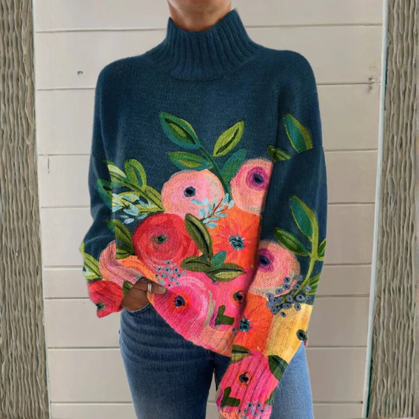 | Pull Col Roulé Bouquet Peint Martine